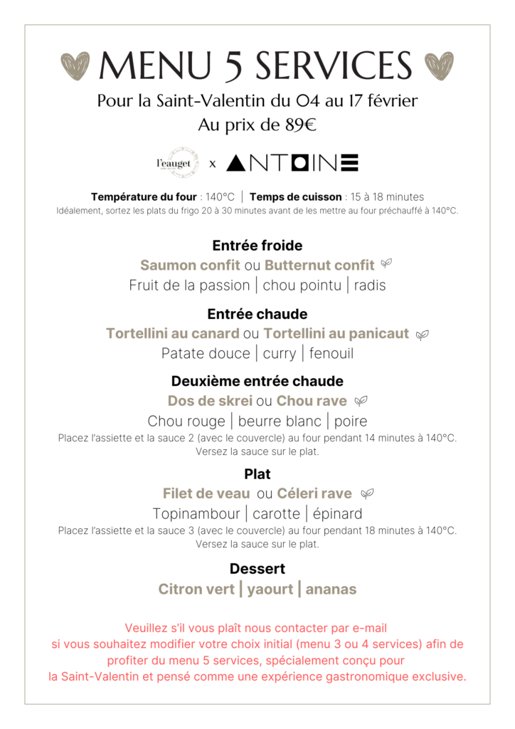 Menu spécial pour la Saint-Valentin du 04 au 17 février