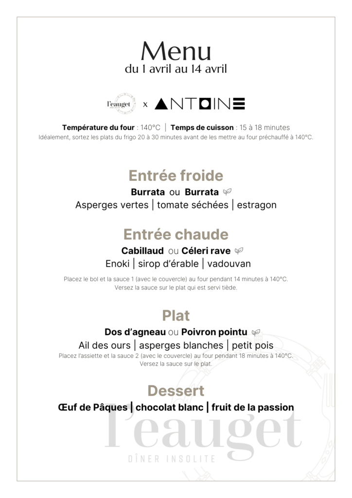 Menu du 1 avril au 14 avril